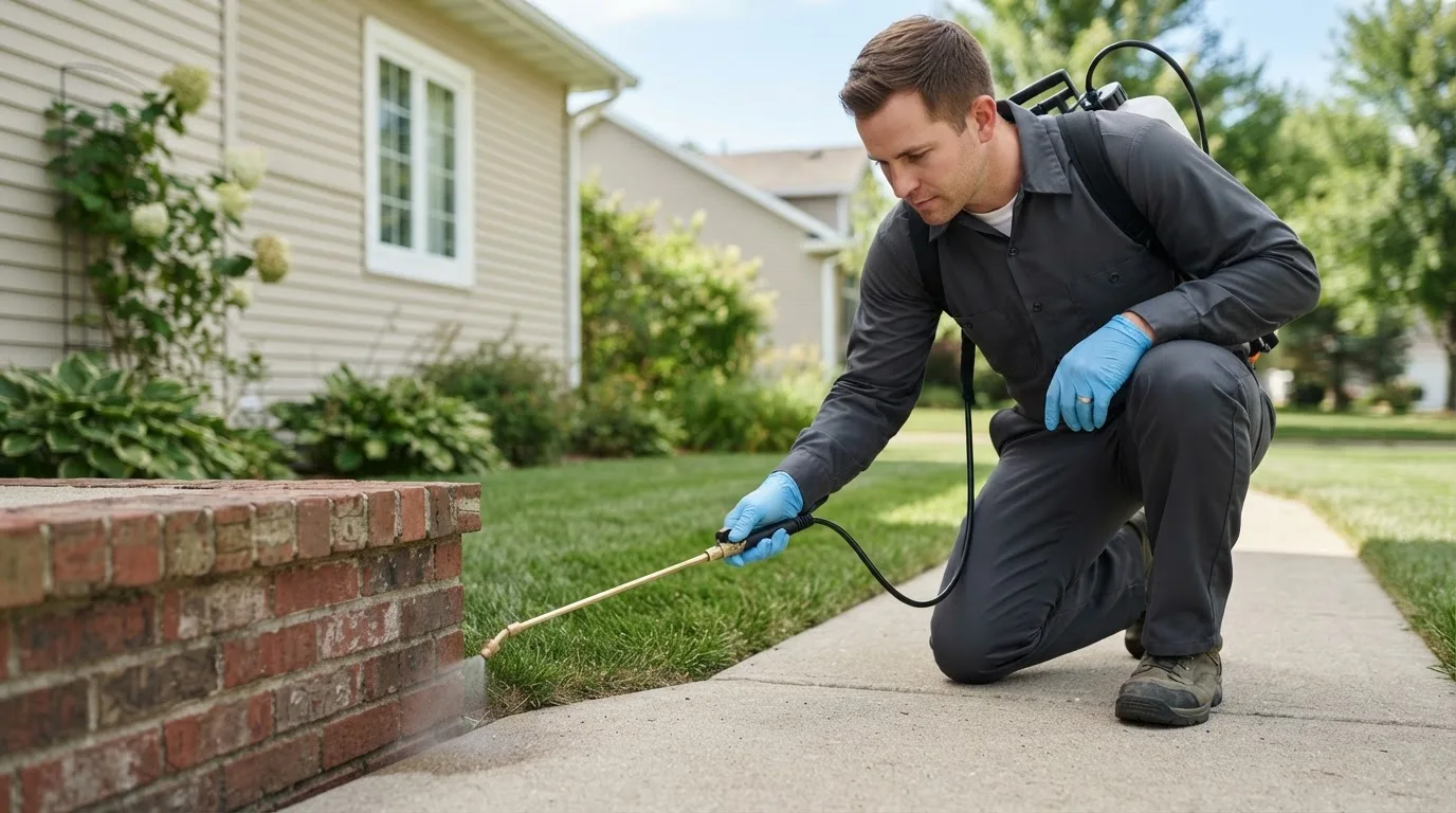 Pest control technician treating a home near New Auburn, WI
