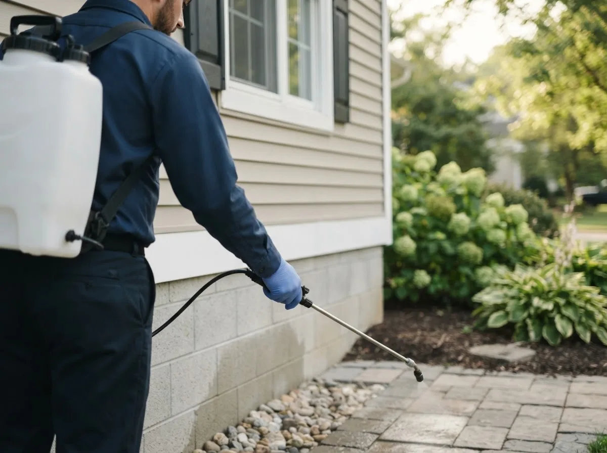 Pest control technician inspecting a home in New Auburn, WI